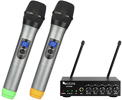 Fifine UHF Dual Channel Wireless Handheld Microphone, Easy-to-use Karaoke Wireless Microphone System-K036