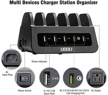 Charger l&#39;image dans la galerie, UDOLI 5 USB Ports Charging Station Organizer for Multiple Devices Fast Charging Desktop Stand for Apple Android Phone Tablet 1600W 2 AC Power Outlets Charger Dock for Home Office 3 Prong Cord Black
