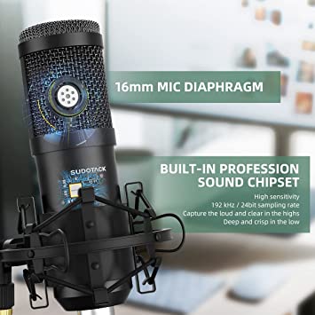 USB Streaming Podcast PC Microphone, SUDOTACK Professional 192kHz/24bit Studio Cardioid Condenser Mic Kit with Sound Card Shock Mount Pop Filter, for Skype Youtuber Karaoke Gaming Recording