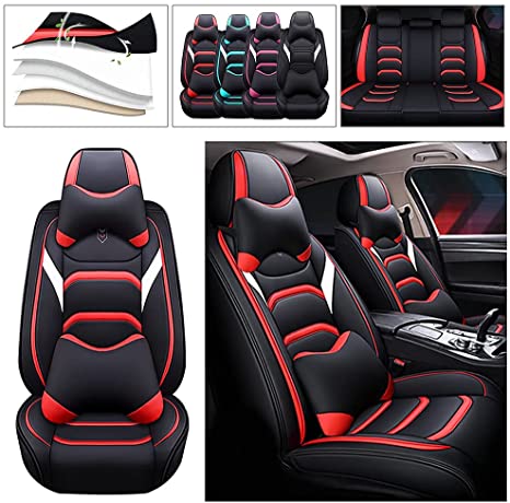 Full Set All Seasons Car Luxury Seat Cover for Toyota CHR C-HR 2016-2020 Leather Waterproof Protection Covers Non-Slip Seat Cushions Compatible with Airbag Black Red