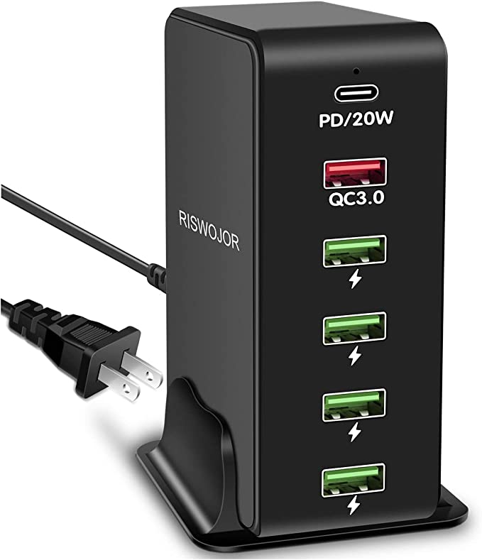 Multiple USB Charging Station，RISWOJOR 6 Port Multi USB Charger Station with 20W PD+18W QC3.0，Multiport USB Charging Hub with Auto Detect Technology for iPhone,iPad Tablets and More（Black）