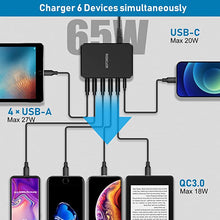 Charger l&#39;image dans la galerie, Multiple USB Charging Station，RISWOJOR 6 Port Multi USB Charger Station with 20W PD+18W QC3.0，Multiport USB Charging Hub with Auto Detect Technology for iPhone,iPad Tablets and More（Black）
