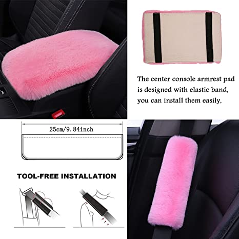 Wazzh 7PCS Set car Interior Aesthetic Accessories, Fluffy 15 inch Steering  Wheel Cover, armrest pad, seat Belt Cover,Gear Shift Cover, Fit Girly car