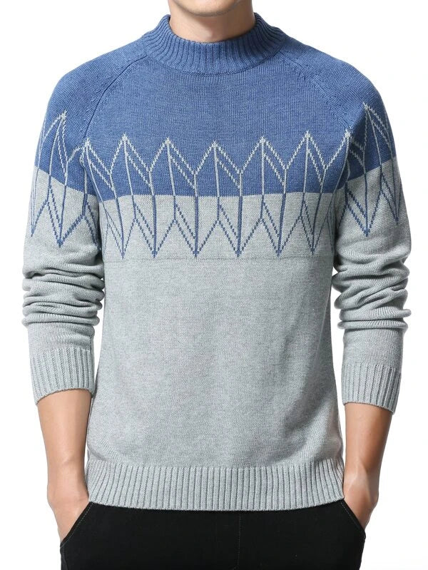 Men Geo Pattern Raglan Sleeve Colorblock Sweater
