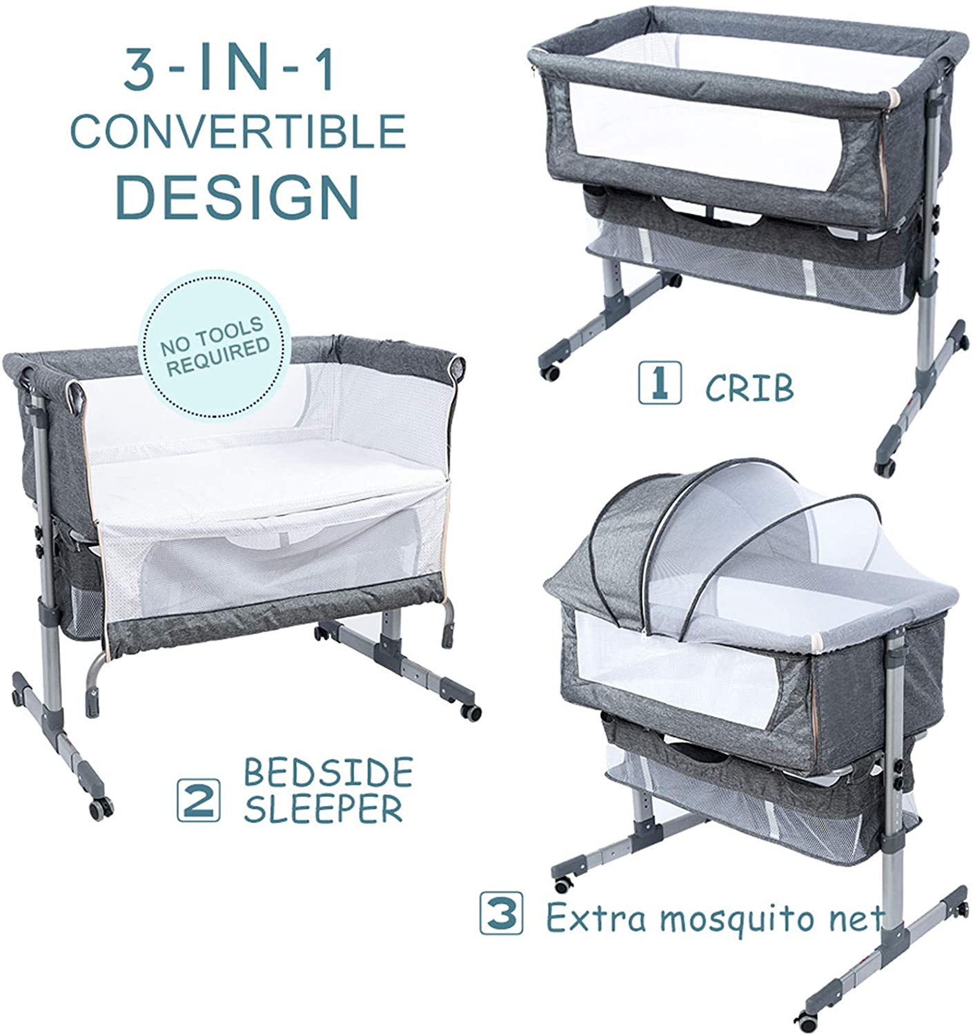 AMORMIO  3 in 1 Bedside Baby Crib –